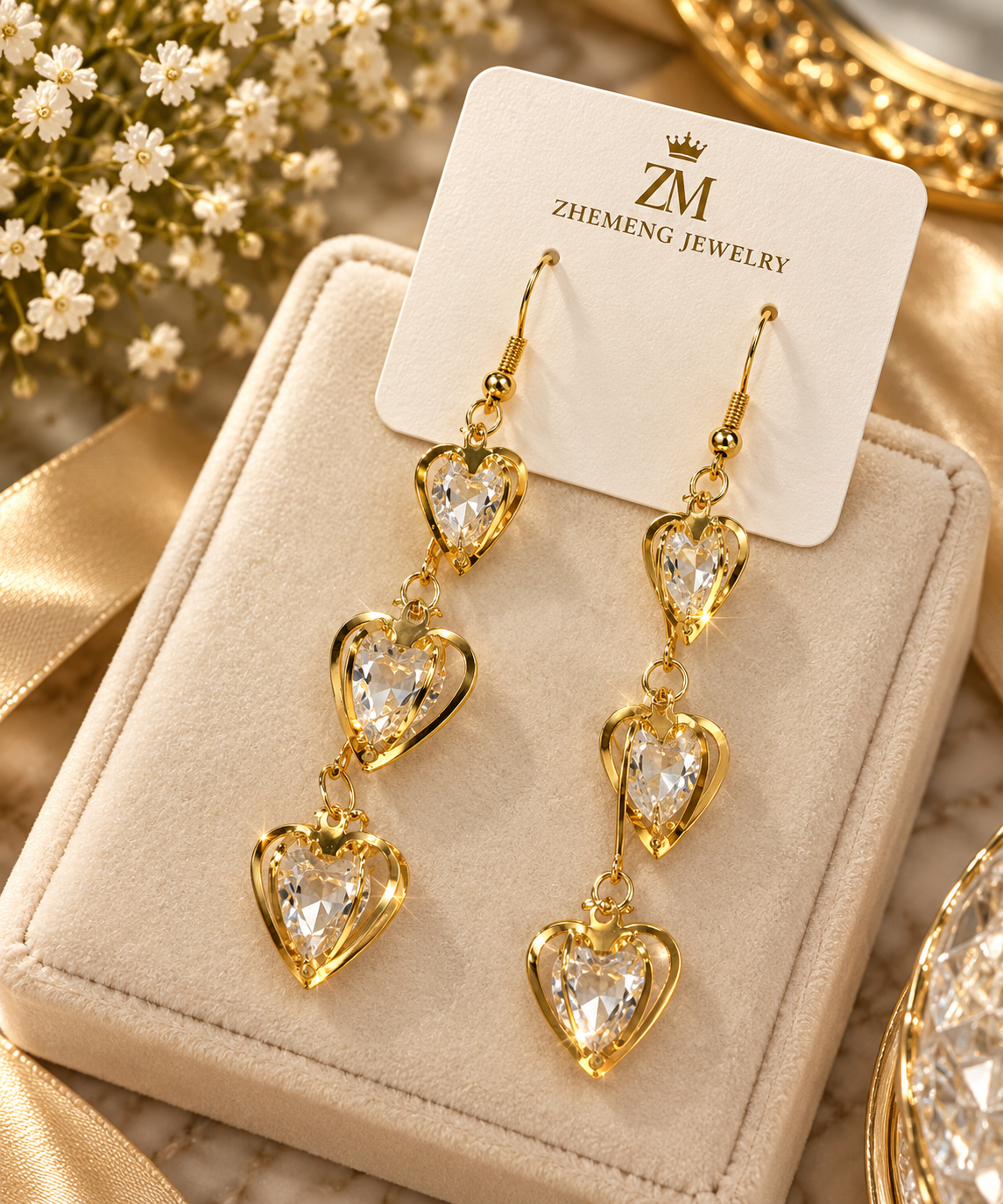 Golden Crystal Heart Earrings