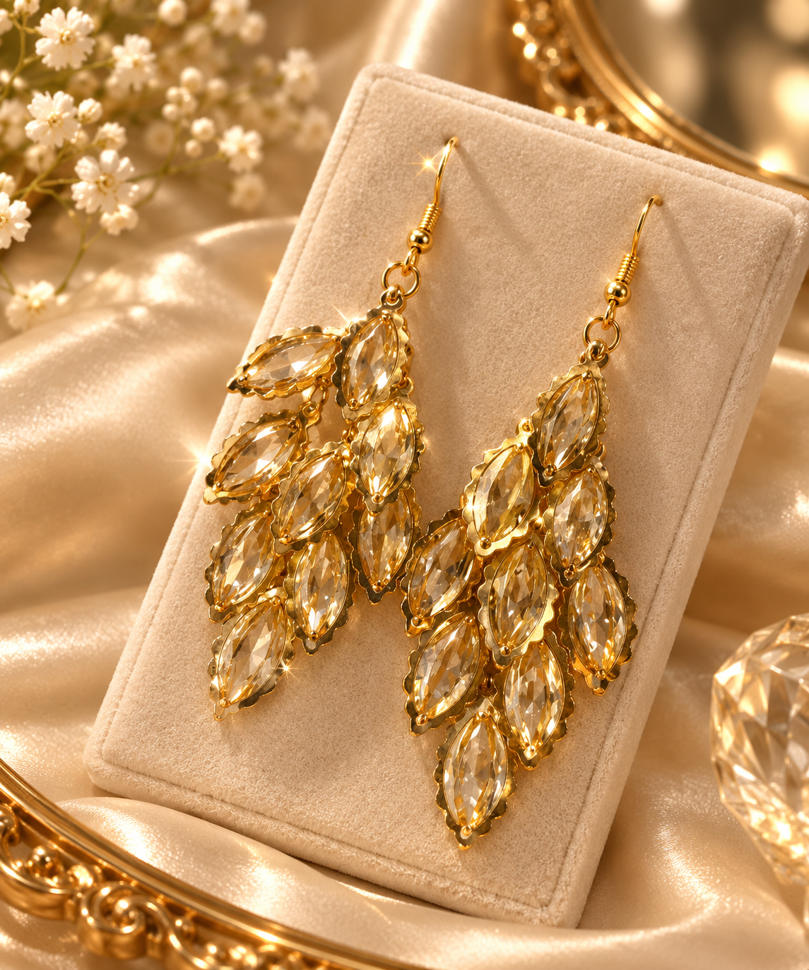 Golden Leaf Crystal Drop Earrings