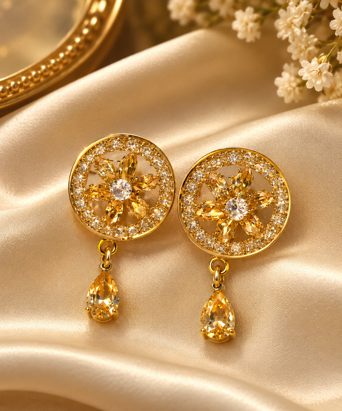 Golden Floral Crystal Drop Earrings