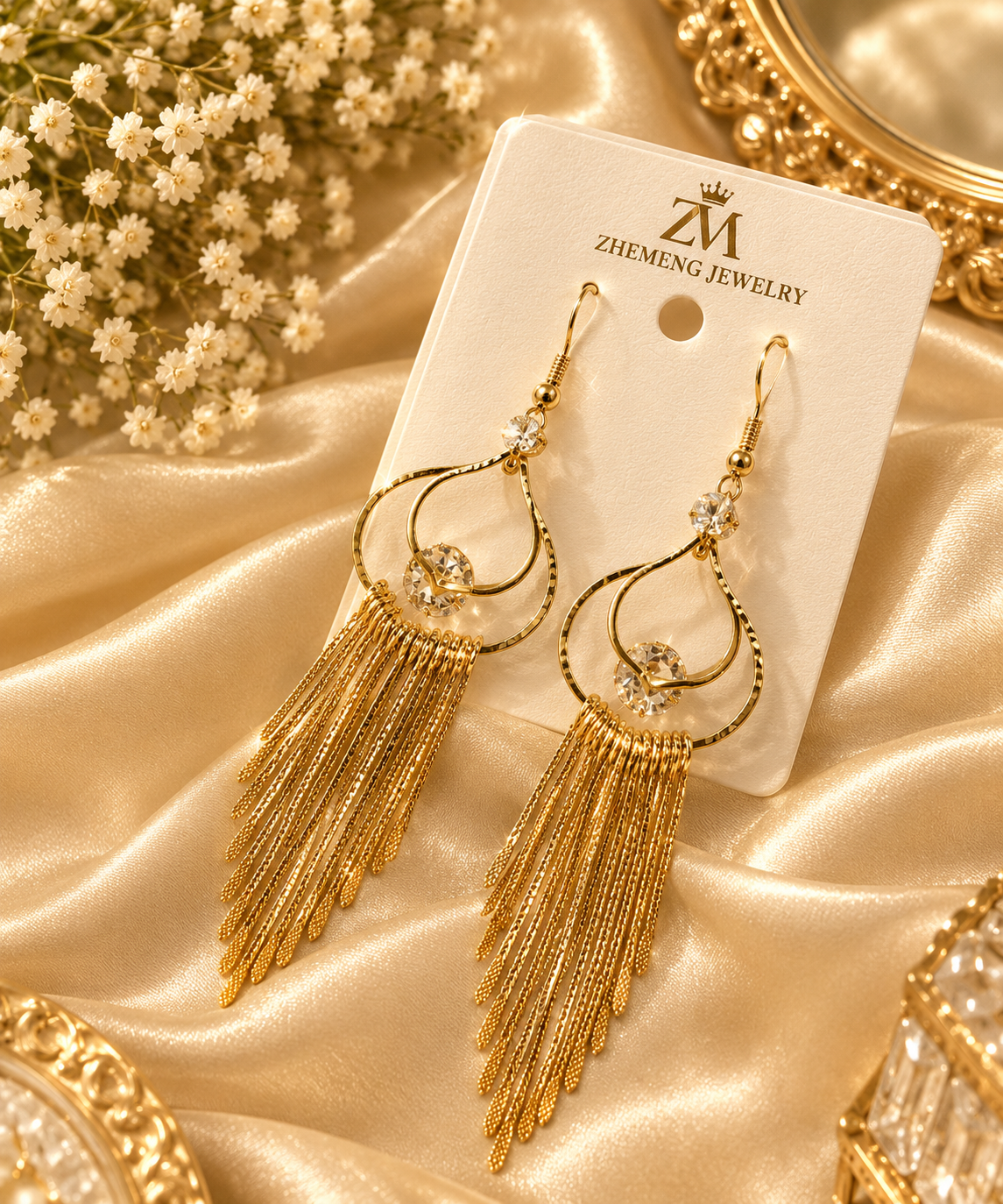 Golden Crystal Tassel Earrings